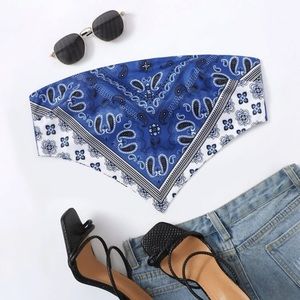 Blue White Satin Bandana Tie Bandeau Top